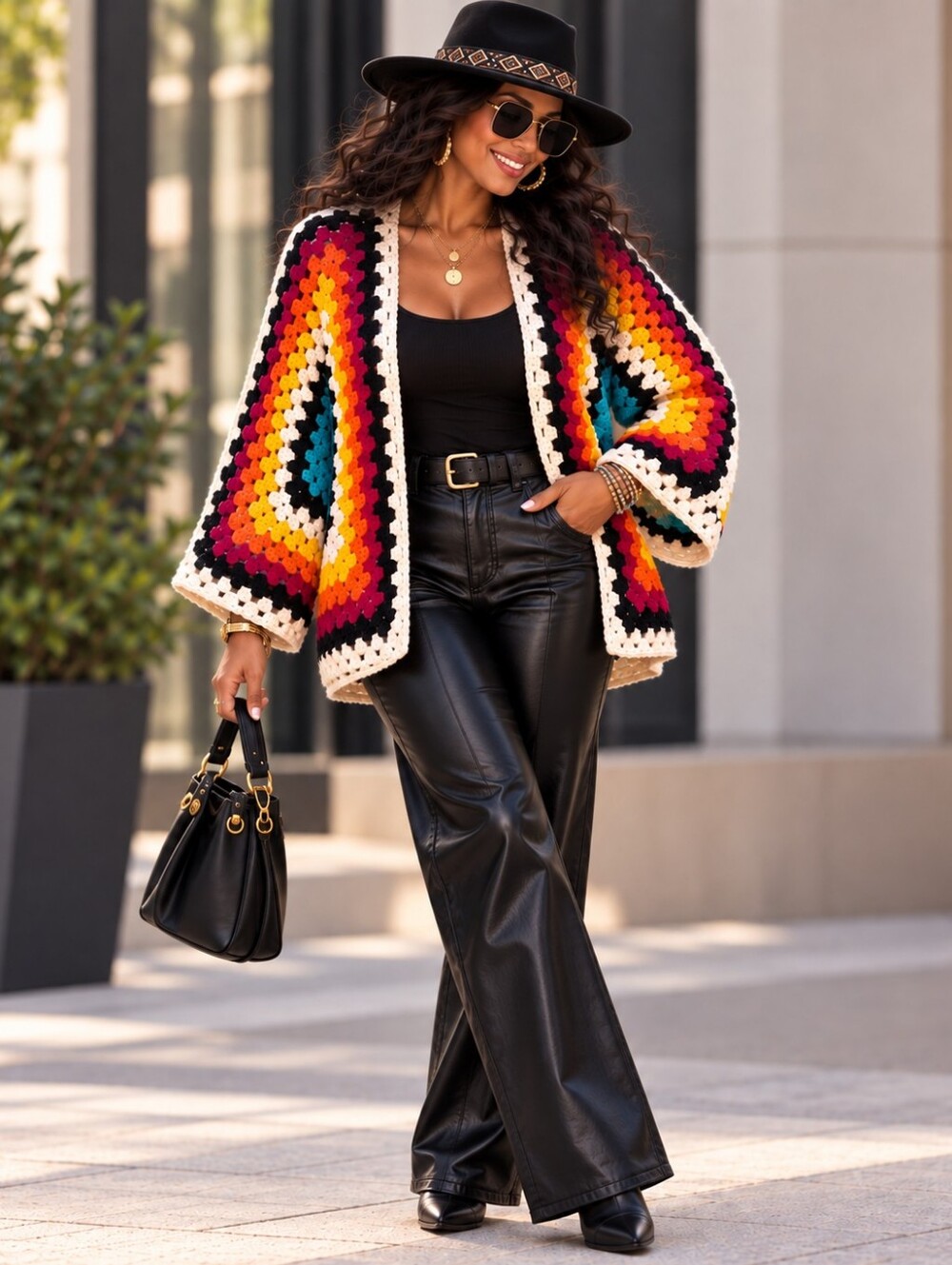 Tribal Bae Hexagon Cardigan Granny Square Wide Sleeve Boho Multicolor Handmade